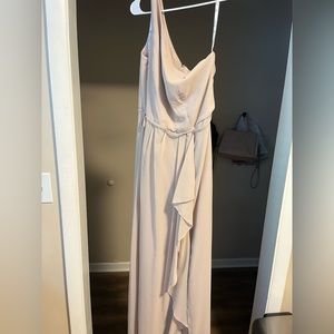 David’s Bridal one sleeve bridesmaid dress in Biscotti